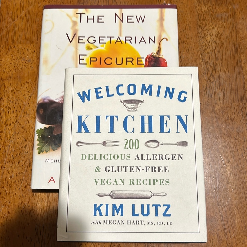 Bundle of specialized diet cook books. New Vegetarian Epicure+Welcoming Kitchen